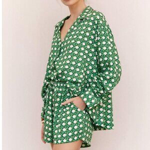 Piyama Peta Rattan Cane Green Long Sleeve Shorts Pajamas Set